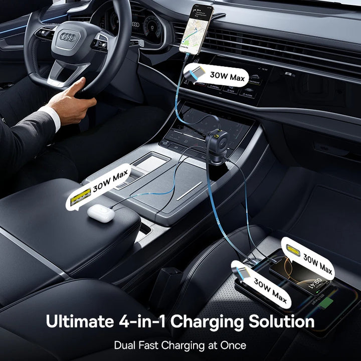 Baseus 240W 4-Port Car Charger – Dual Retractable Cable PD USB-C Fast Charge