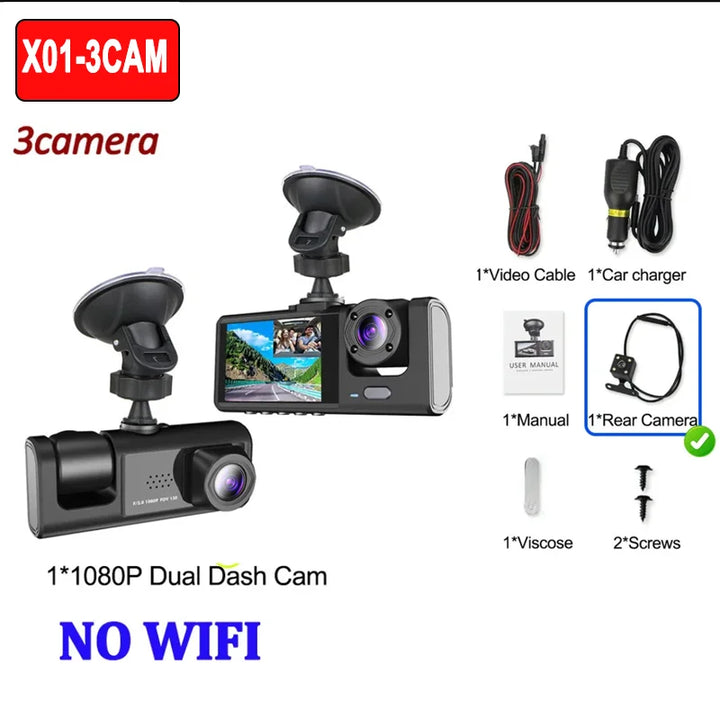 2/3-Channel Dash Cam 1080P – WiFi Cabin Interior Car DVR Three-Way Recorder