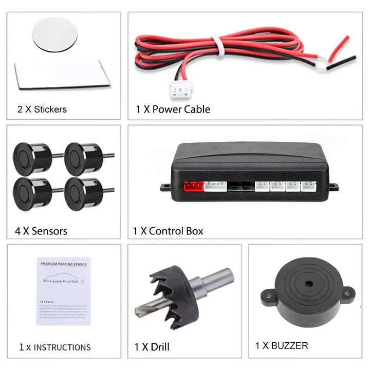 Car Parking Sensor Kit 22mm – 4 Sensors Reverse Radar Buzzer Alert 12 Colors