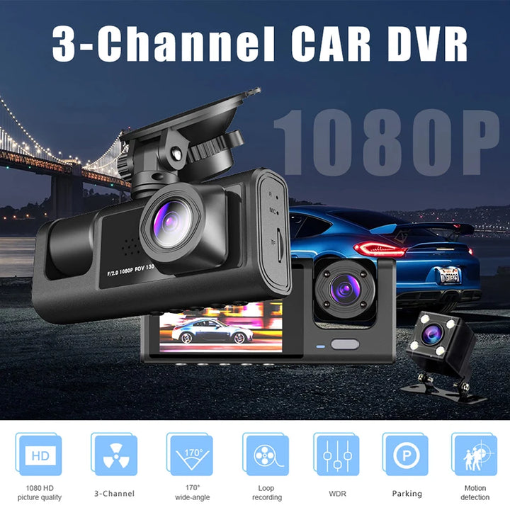 3-Channel Dash Cam 1080P – Front Rear & Interior Car DVR Black Box Recorder