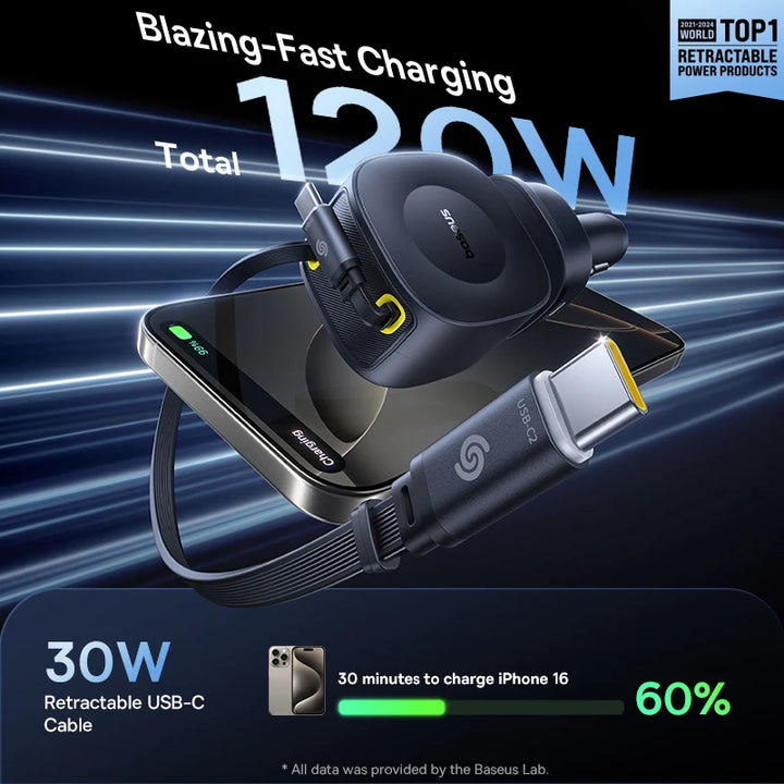Baseus 240W 4-Port Car Charger – Dual Retractable Cable PD USB-C Fast Charge