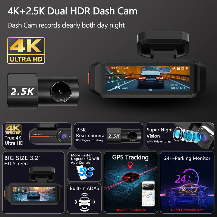 4K Dual Dash Cam WiFi GPS ADAS – Front 4K Rear 2.5K 24H Night Vision Black Box