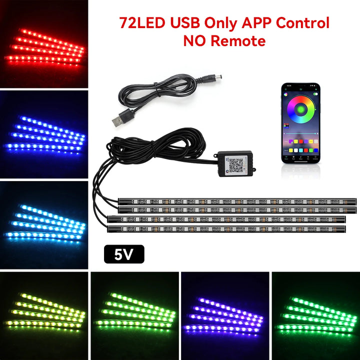 RGB Car Ambient Light Kit – LED Foot Strip Music Sync APP Remote USB Powered