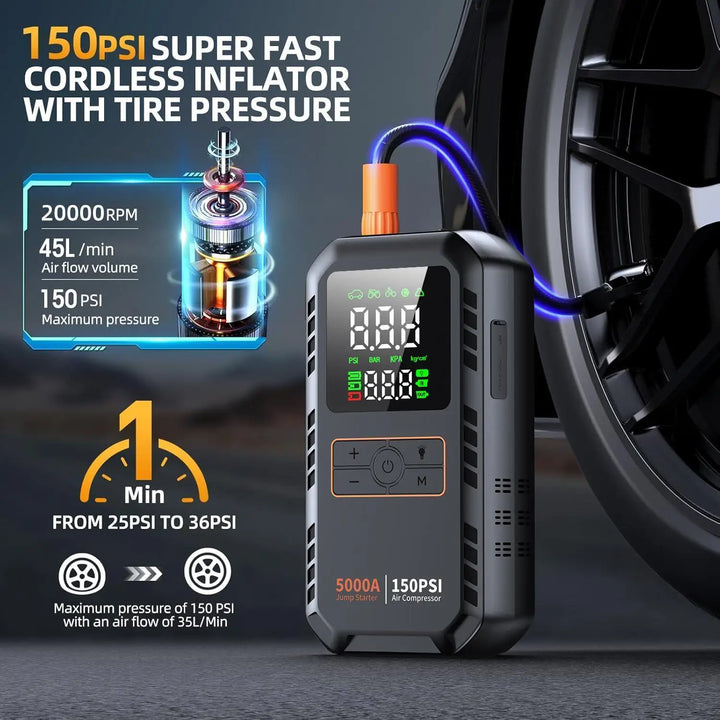 4-in-1 Jump Starter 5000A – Air Compressor 150 PSI Power Bank Tire Inflator