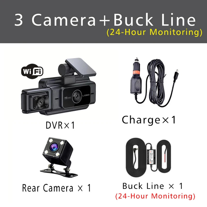 WiFi 3-Channel Dash Cam 1080P – Front Rear & Cabin Interior Black Box Recorder