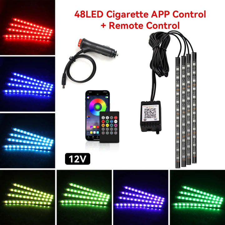 RGB Car Ambient Light Kit – LED Foot Strip Music Sync APP Remote USB Powered