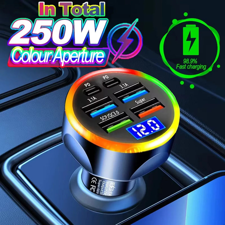 6-Port Car Charger QC3.0 – 12/24V Colorful LED Multi-Port Quick Charge Adapter