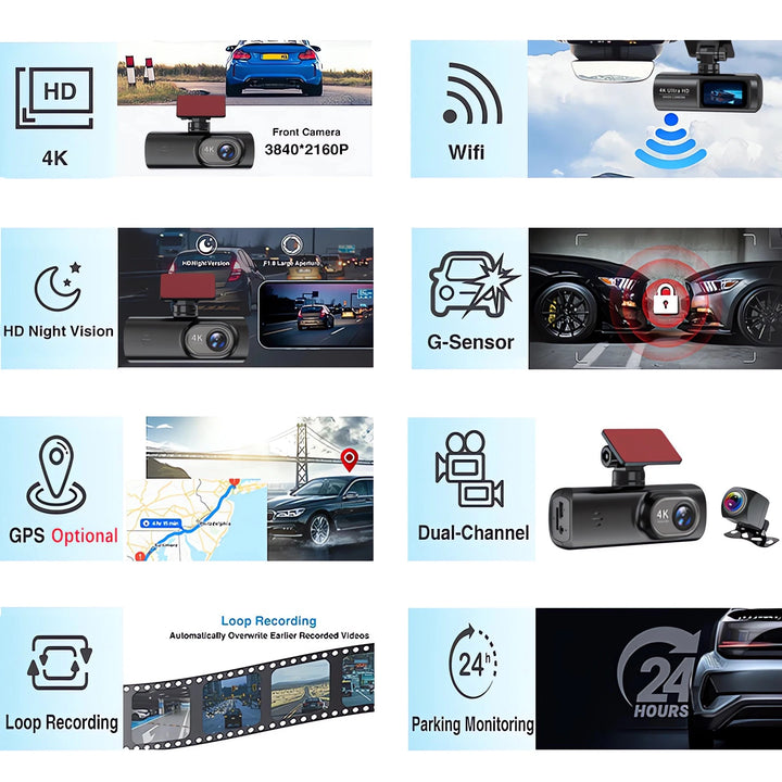 4K Dual Dash Cam WiFi – Front & Rear Night Vision 24H Parking Monitor DVR