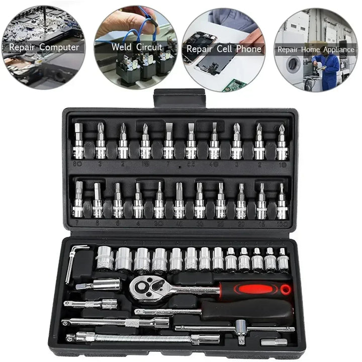 46-Piece 1/4 Drive Socket Set – Metric Mechanic Ratchet Wrench & Bit Tool Kit