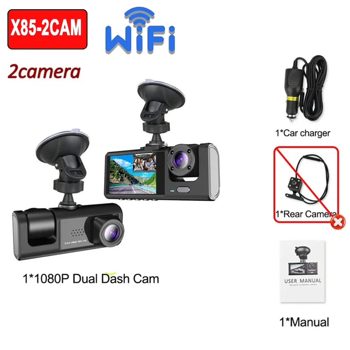 2/3-Channel Dash Cam 1080P – WiFi Cabin Interior Car DVR Three-Way Recorder