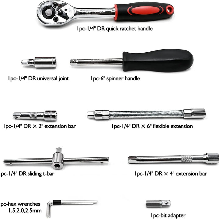 46-Piece 1/4 Drive Socket Ratchet Set – Metric Bit Sockets & Extension Bar