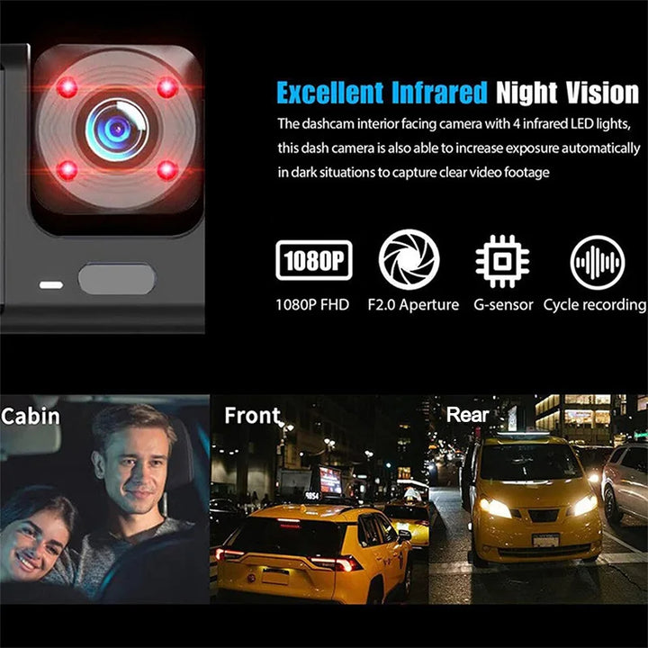 3-Channel Dash Cam 1080P – Front Rear & Interior Car DVR Black Box Recorder