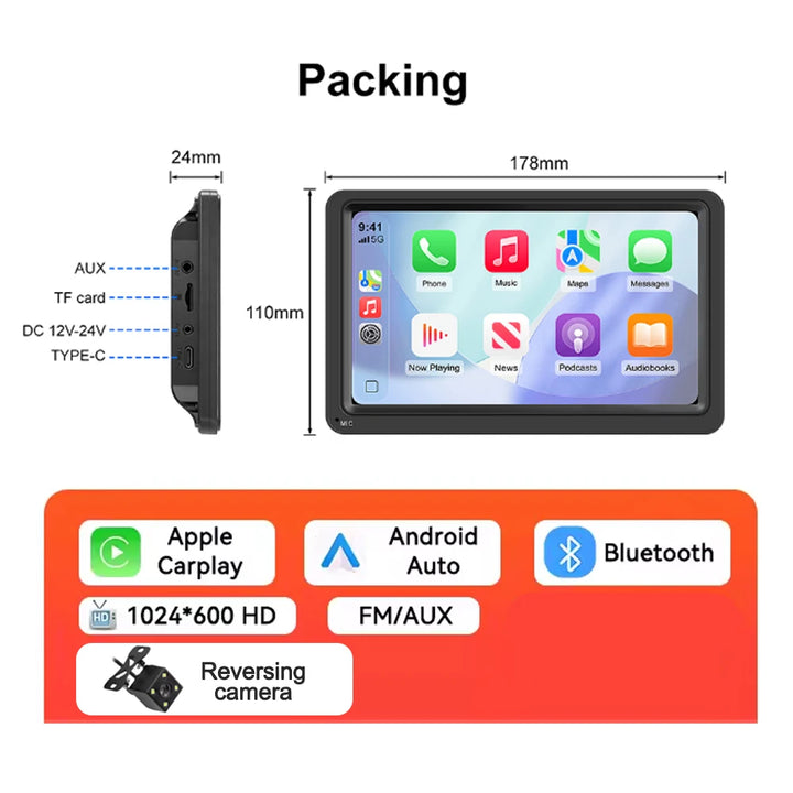 7-Inch Portable Wireless CarPlay Car Stereo – FM WiFi Bluetooth AUX USB