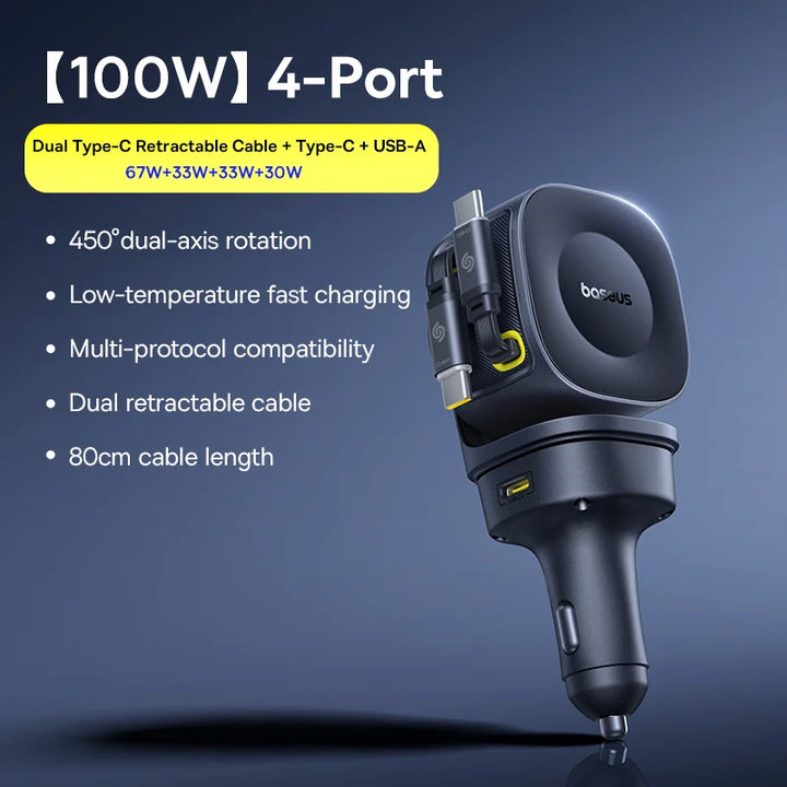 Baseus 240W 4-Port Car Charger – Dual Retractable Cable PD USB-C Fast Charge