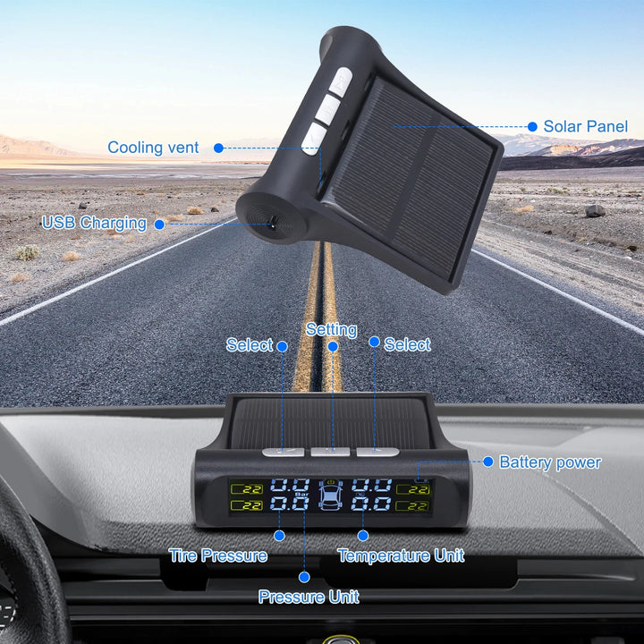 Solar TPMS Tire Pressure Monitor – 4 Internal & External Sensors System Display