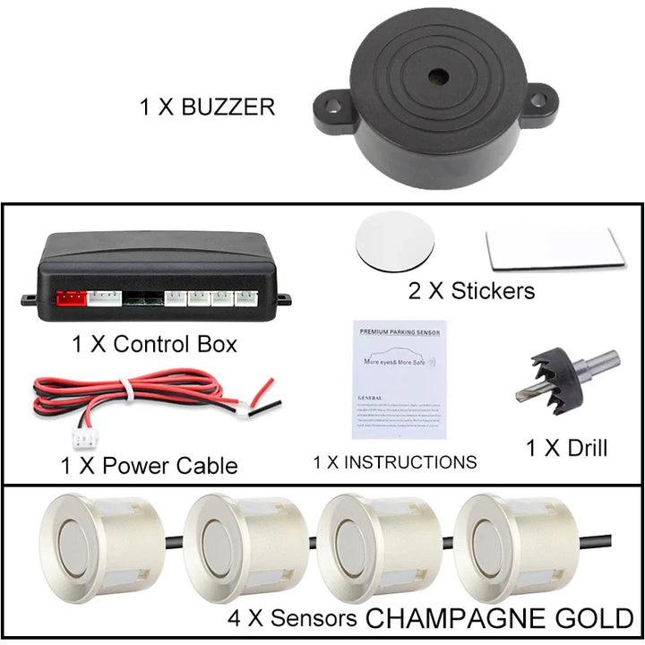 Car Parking Sensor Kit 22mm – 4 Sensors Reverse Radar Buzzer Alert 12 Colors