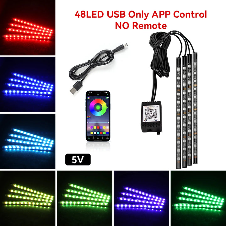 RGB Car Ambient Light Kit – LED Foot Strip Music Sync APP Remote USB Powered