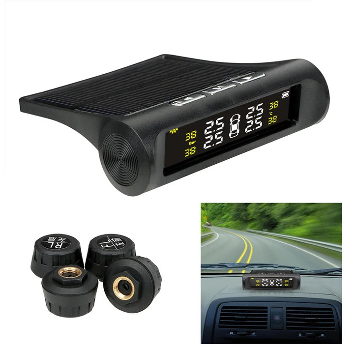 Solar TPMS Tire Pressure Monitor – 4 Internal & External Sensors System Display