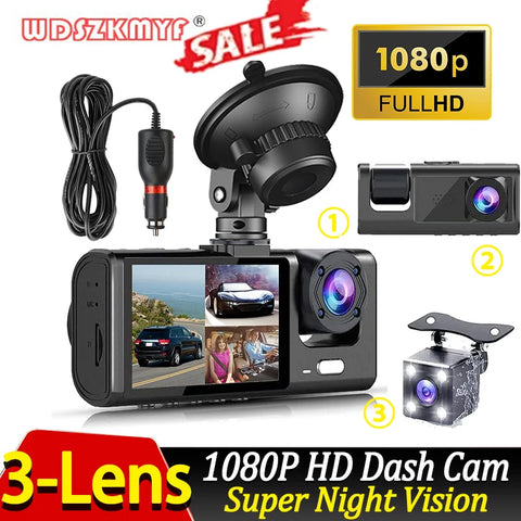 3-Channel Dash Cam 1080P – Front Rear & Interior Car DVR Black Box Recorder