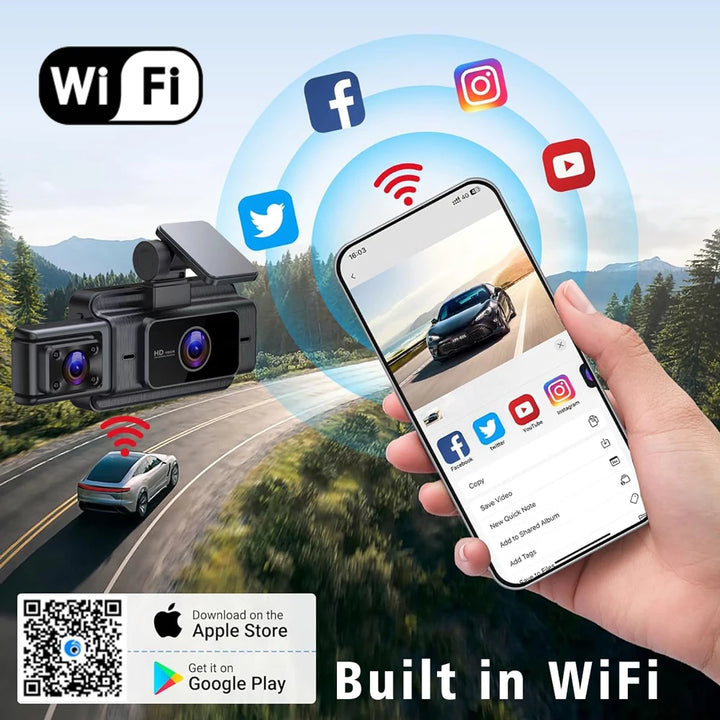 WiFi 3-Channel Dash Cam 1080P – Front Rear & Cabin Interior Black Box Recorder