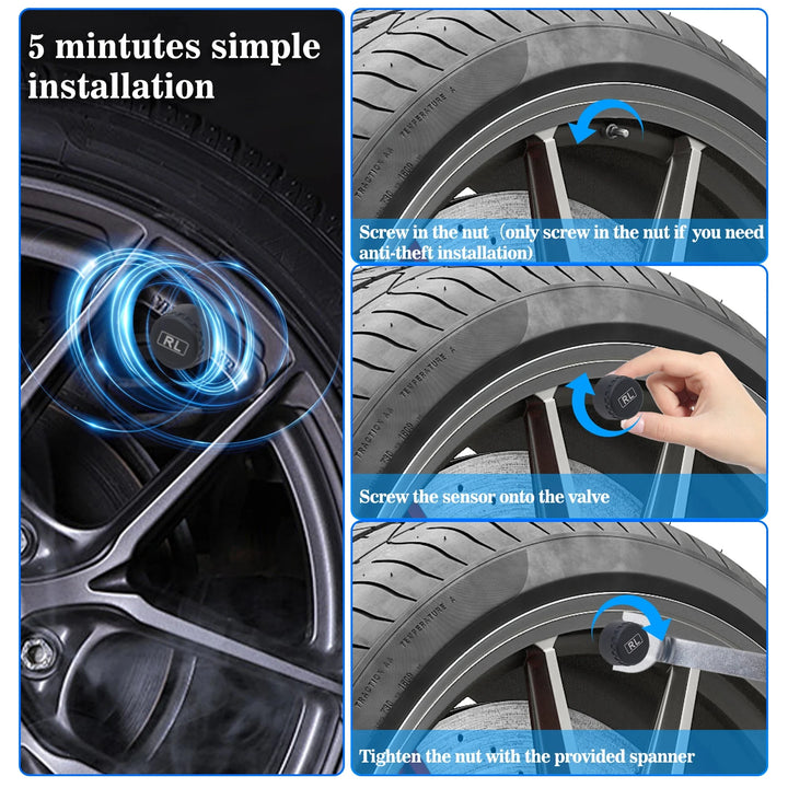 Solar TPMS Tire Pressure Monitor – 4 Internal & External Sensors System Display