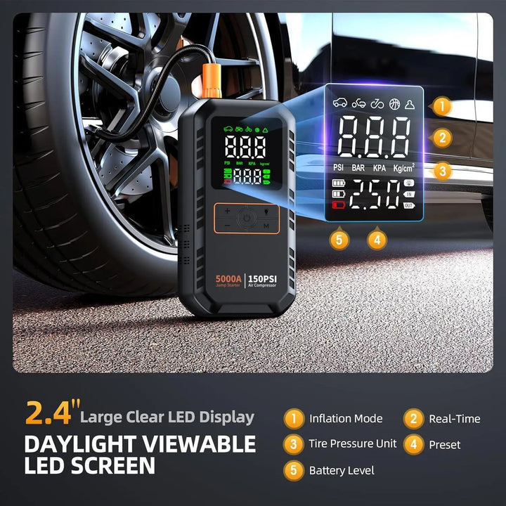 4-in-1 Jump Starter 5000A – Air Compressor 150 PSI Power Bank Tire Inflator
