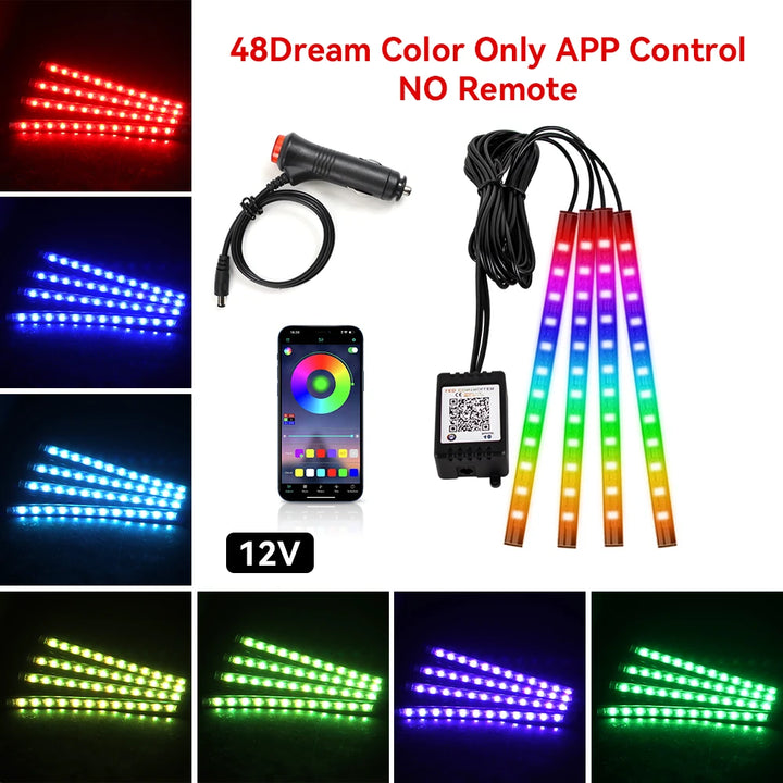 RGB Car Ambient Light Kit – LED Foot Strip Music Sync APP Remote USB Powered
