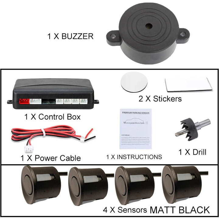 Car Parking Sensor Kit 22mm – 4 Sensors Reverse Radar Buzzer Alert 12 Colors
