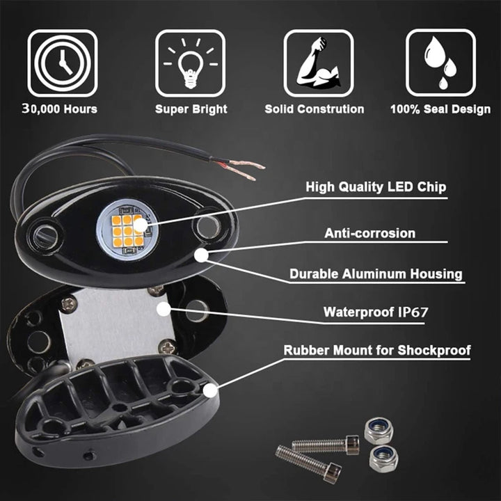 9-LED Rock Lights Kit – Neon Underglow Underbody for Truck SUV & Jeep Off-Road