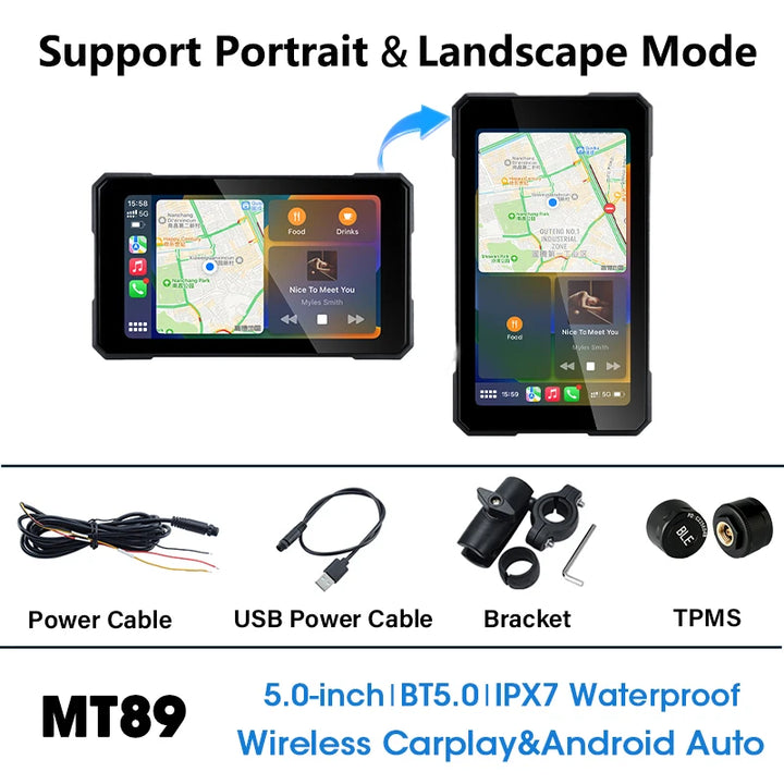 Portable 5-Inch Motorcycle GPS Wireless CarPlay Screen – IPX7 Waterproof