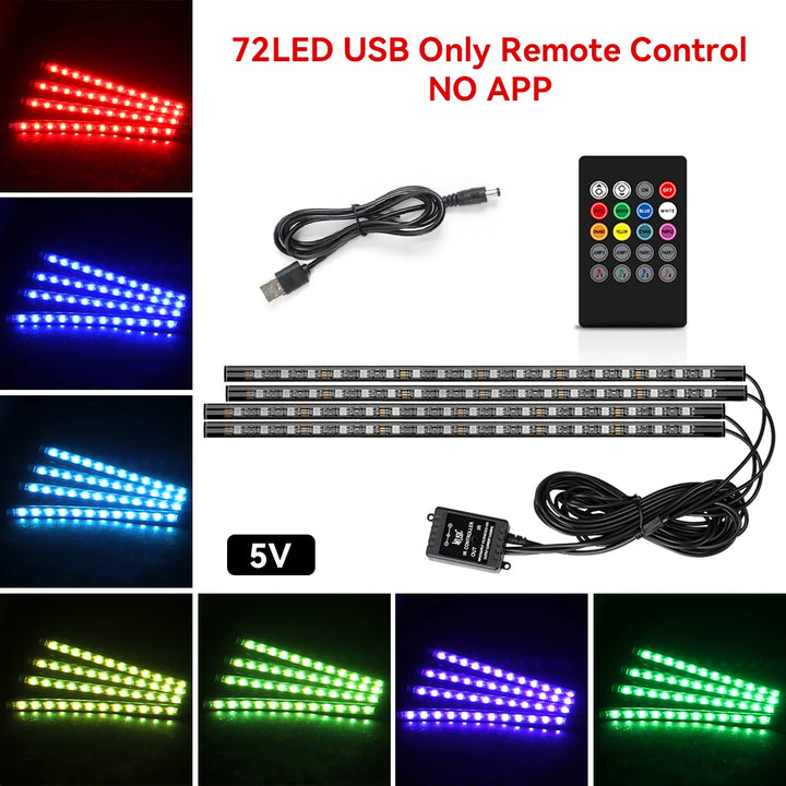 RGB Car Ambient Light Kit – LED Foot Strip Music Sync APP Remote USB Powered