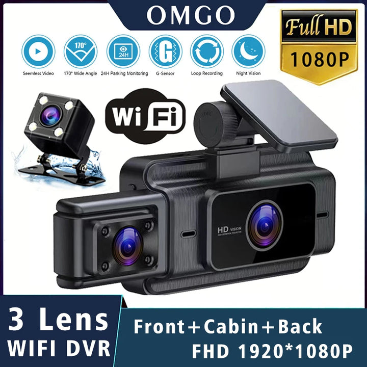 WiFi 3-Channel Dash Cam 1080P – Front Rear & Cabin Interior Black Box Recorder