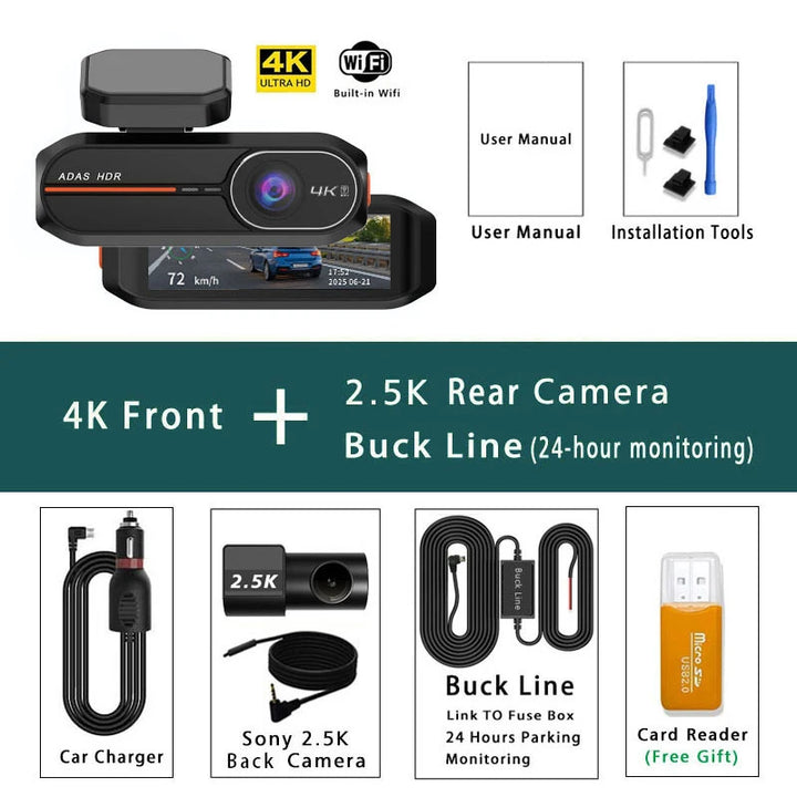 4K Dual Dash Cam WiFi GPS ADAS – Front 4K Rear 2.5K 24H Night Vision Black Box