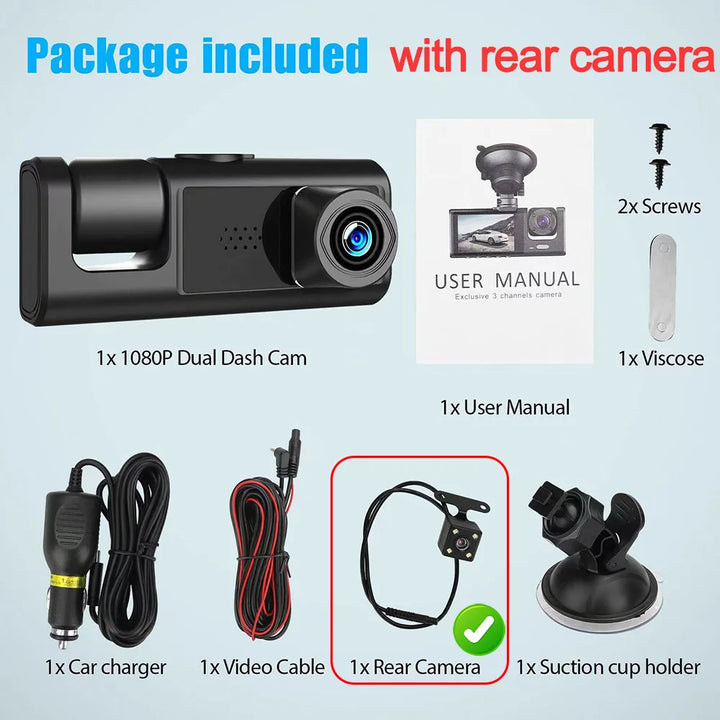 3-Channel Dash Cam 1080P – Front Rear & Interior Car DVR Black Box Recorder