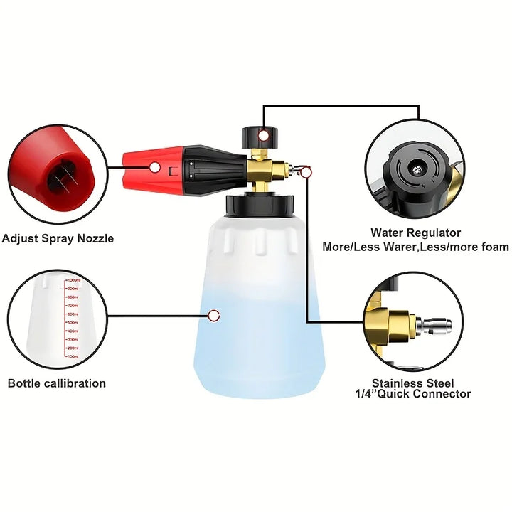 Adjustable Foam Cannon 1L – 5 Nozzles 1/4 Quick Connect for Pressure Washers