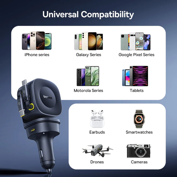 Baseus 240W 4-Port Car Charger – Dual Retractable Cable PD USB-C Fast Charge