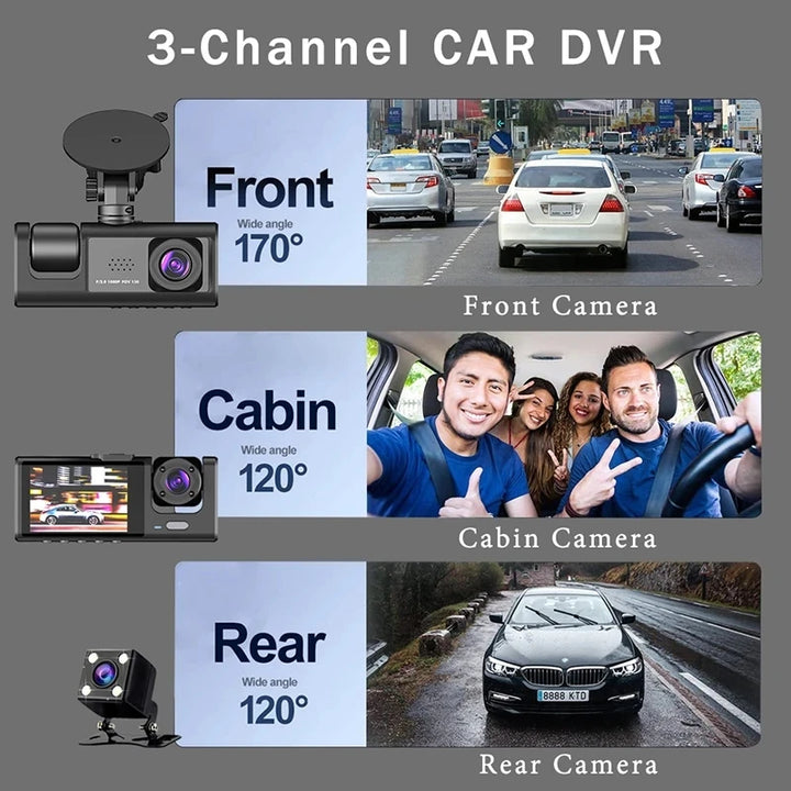 3-Channel Dash Cam 1080P – Front Rear & Interior Car DVR Black Box Recorder