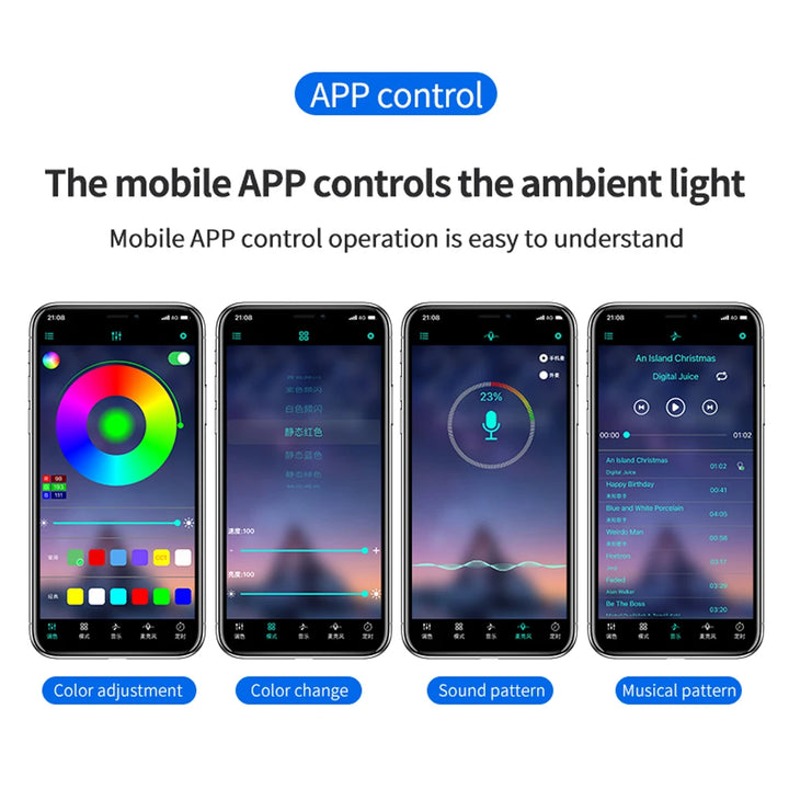 RGB Car Ambient Light Kit – LED Foot Strip Music Sync APP Remote USB Powered