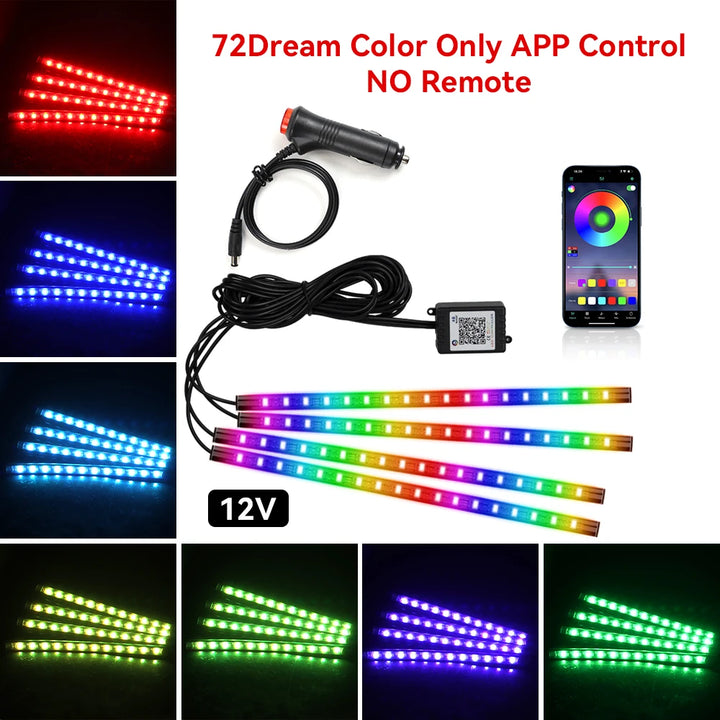 RGB Car Ambient Light Kit – LED Foot Strip Music Sync APP Remote USB Powered