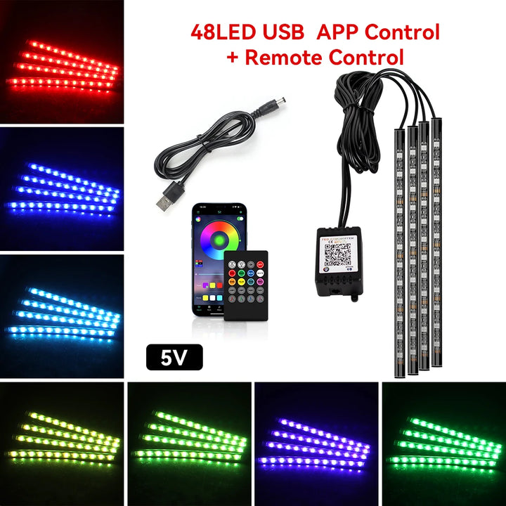 RGB Car Ambient Light Kit – LED Foot Strip Music Sync APP Remote USB Powered