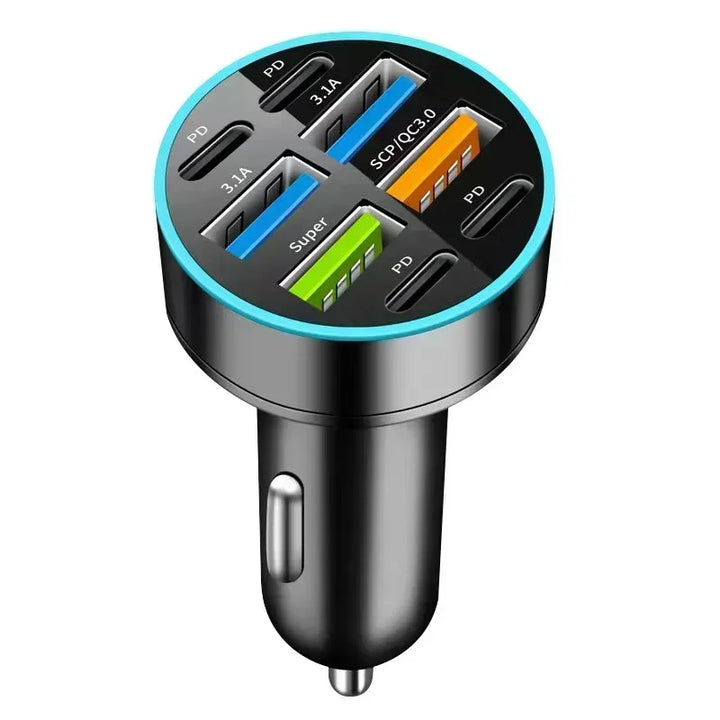 6-Port Car Charger QC3.0 – 12/24V Colorful LED Multi-Port Quick Charge Adapter