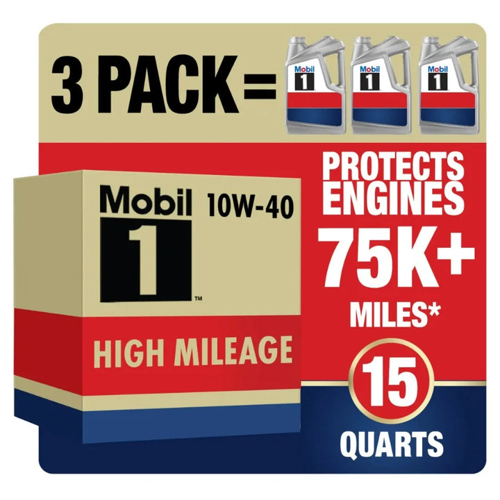 Mobil 1™ High Mileage Full Synthetic 10W-40 Motor Oil – 5 Quart Pack of 3