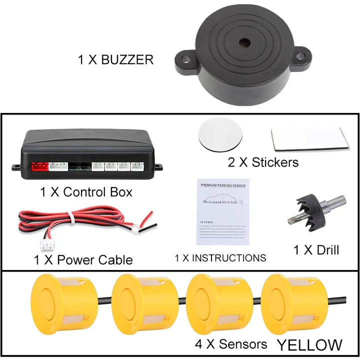 Car Parking Sensor Kit 22mm – 4 Sensors Reverse Radar Buzzer Alert 12 Colors