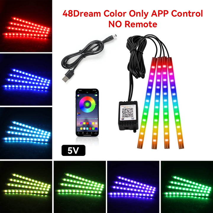 RGB Car Ambient Light Kit – LED Foot Strip Music Sync APP Remote USB Powered