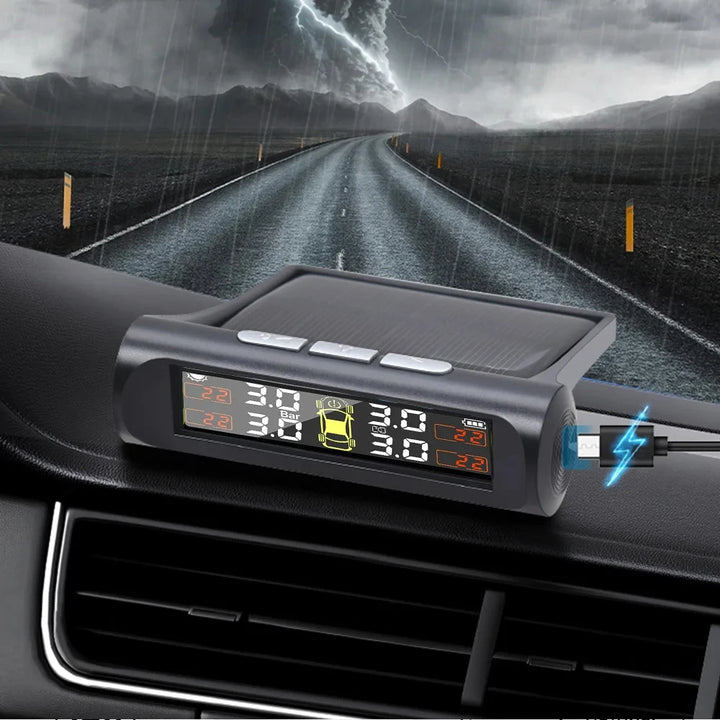 Solar TPMS Tire Pressure Monitor – 4 Internal & External Sensors System Display