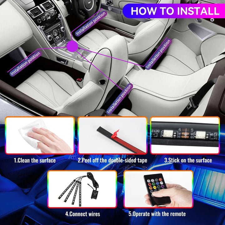 RGB Car Ambient Light Kit – LED Foot Strip Music Sync APP Remote USB Powered