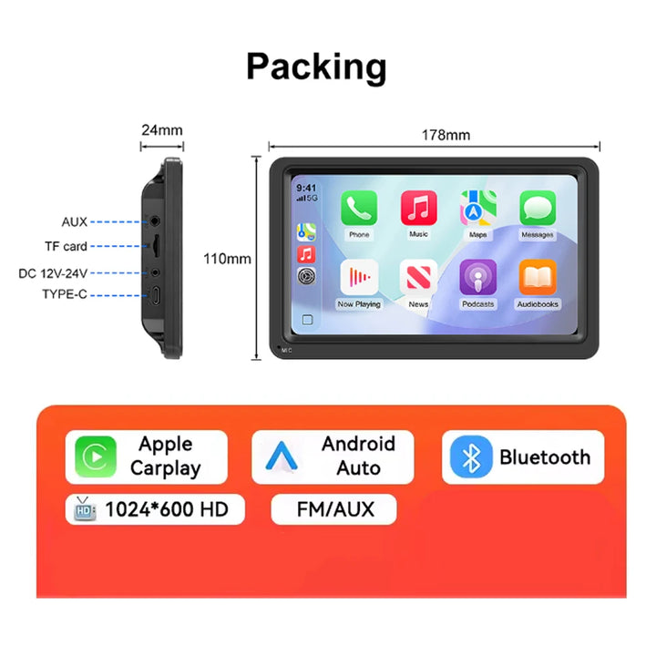 7-Inch Portable Wireless CarPlay Car Stereo – FM WiFi Bluetooth AUX USB