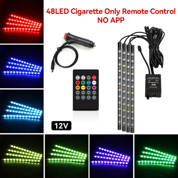 RGB Car Ambient Light Kit – LED Foot Strip Music Sync APP Remote USB Powered