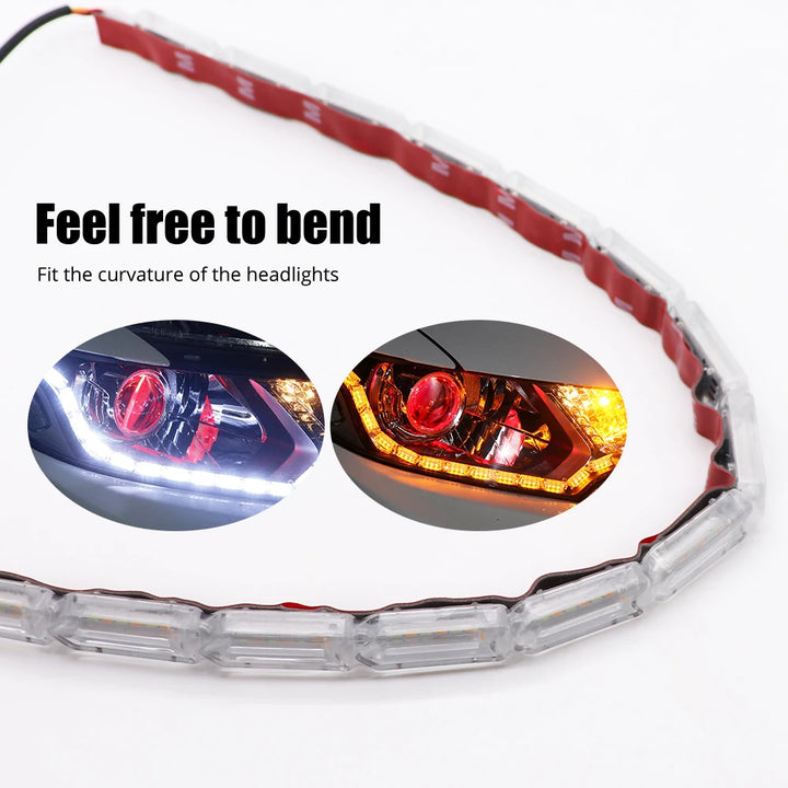 Flexible DRL LED Strip Pair – White Driving & Yellow Flowing Turn Signal