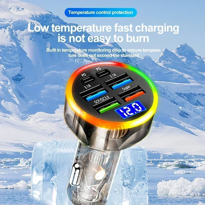 6-Port Car Charger QC3.0 – 12/24V Colorful LED Multi-Port Quick Charge Adapter